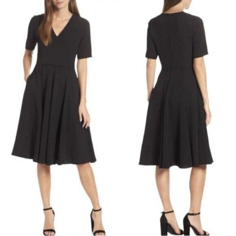 Gal Meets Glam Edith City Crepe Dress Black V Neck Knee Length Size 18 - Picture 2 of 10